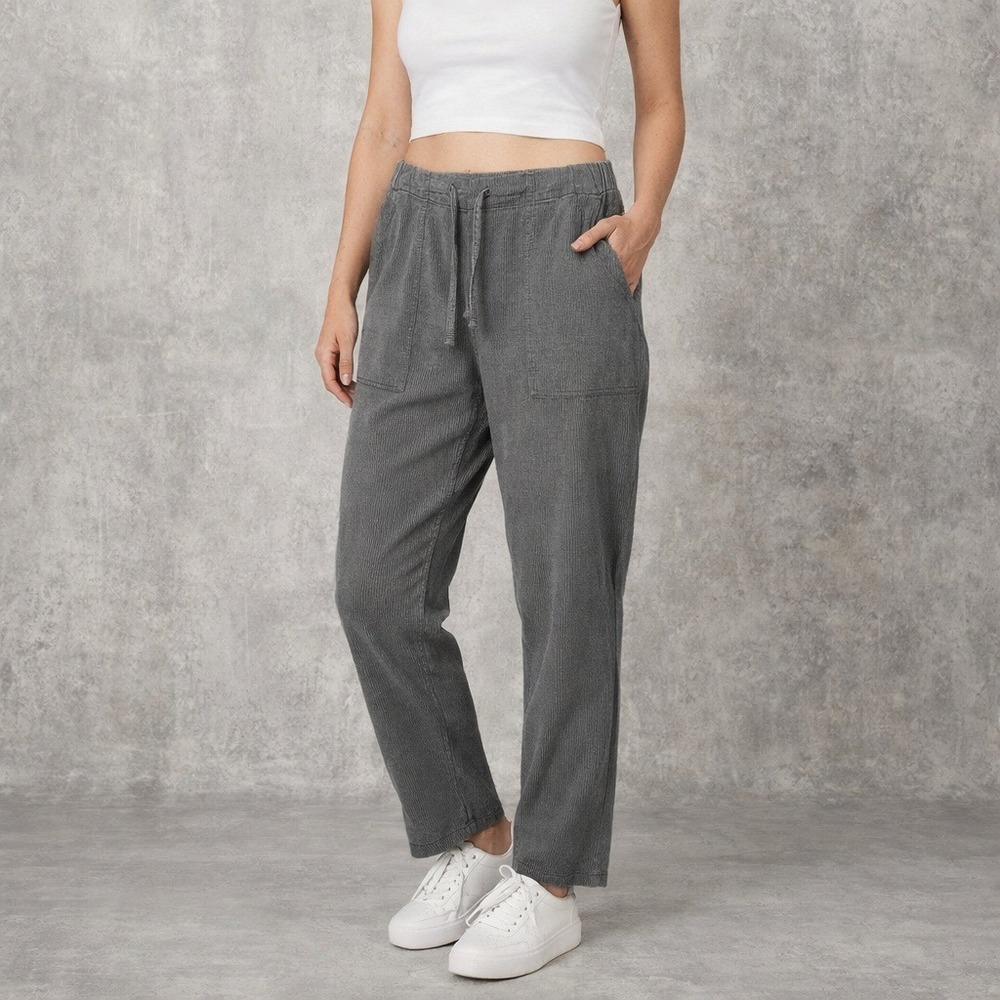 PrAna Gray Ribbed Lounge Pants Womens L Drawstring Athleisure Travel Cozy
